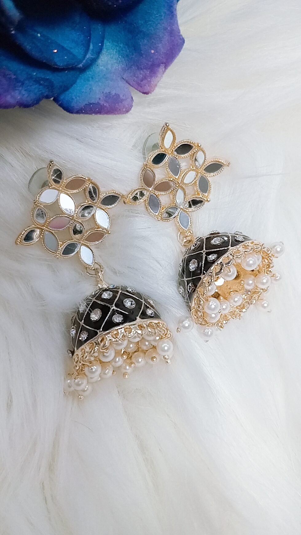 Black Gold Mirror Floral Jhumka with Pearls