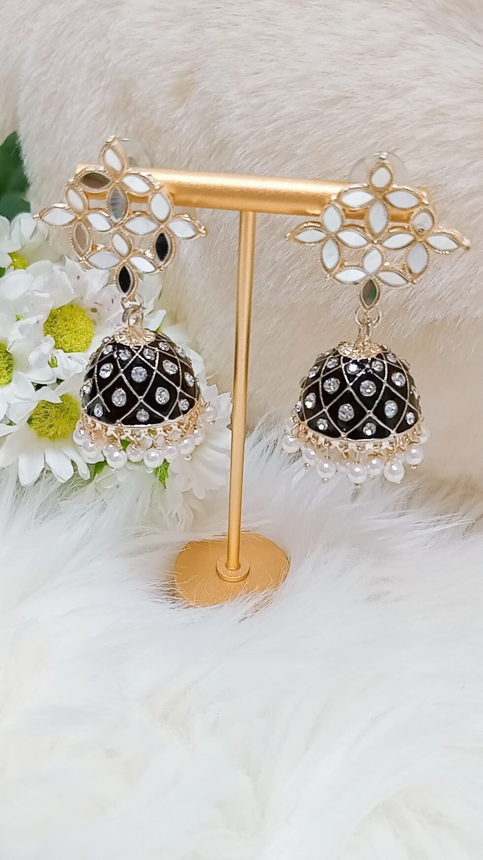 Black Gold Mirror Floral Jhumka with Pearls (1)