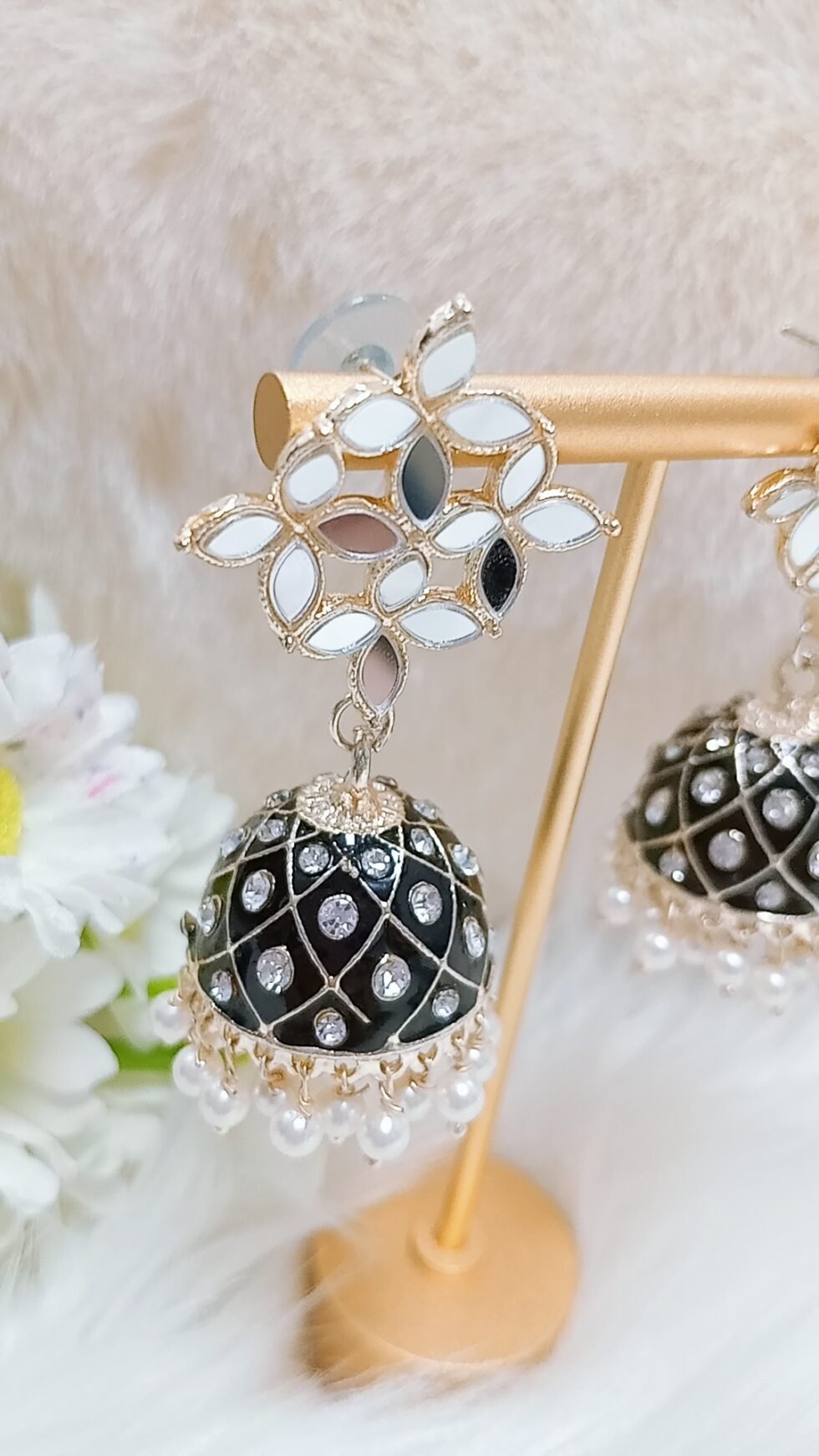 Black Gold Mirror Floral Jhumka with Pearls (1)