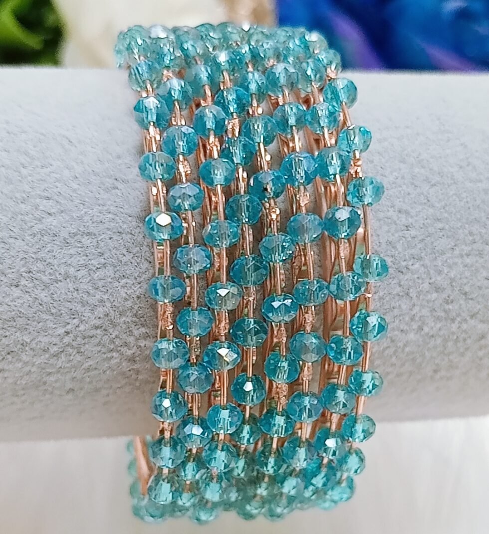 Blue Glass Crystal Beads Rose Gold 8pc Bangle Set