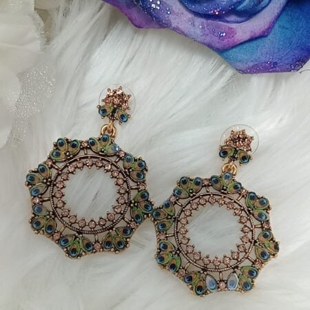 Gold Peacock Feather Stone Earrings