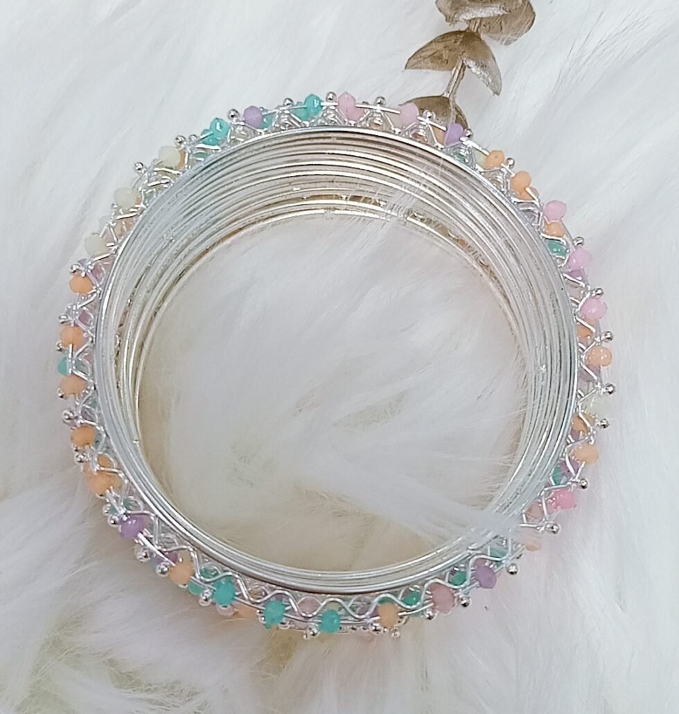 Multicolor Beaded 12pcs Silver Bangle Set