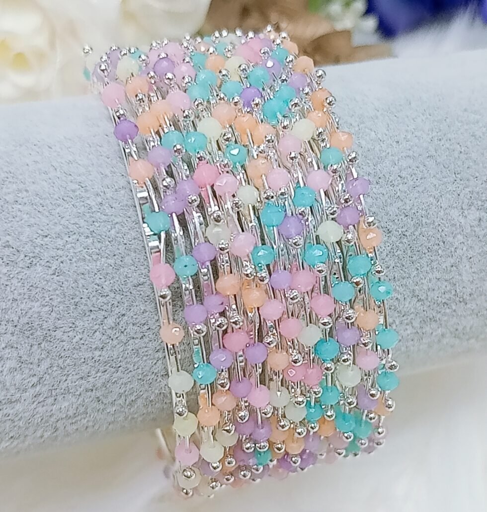 Multicolor Beaded 12pcs Silver Bangle Set
