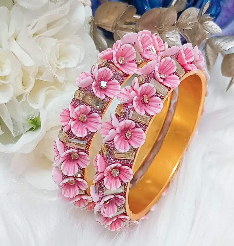 Pink Floral 2pc Gold Bangle Set