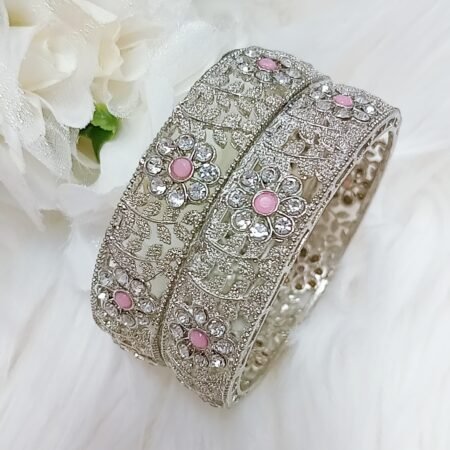 Silver Pink Floral Bangle 2pc Set