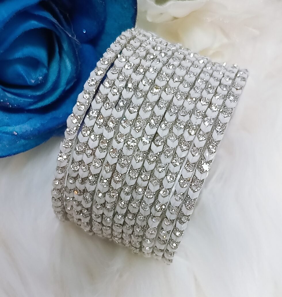White Silver Rhinestone 12pc Thin Bangles Set