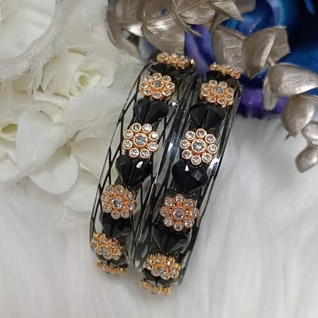 Black Gold Floral Hearts 2pc Glass Bangle Set