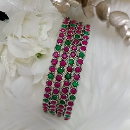 Circle Pink Green 4pc Silver Bangle Set