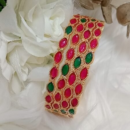 Horse Eyed Matte Pink Green Stone 4pc Bangle Set