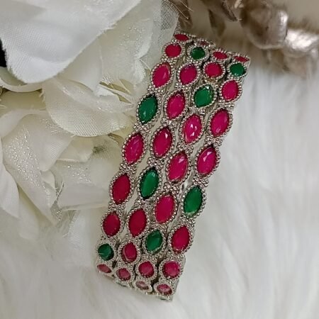 Horse Eyed Shaped Pink Green 4pc Silver Bangle Set