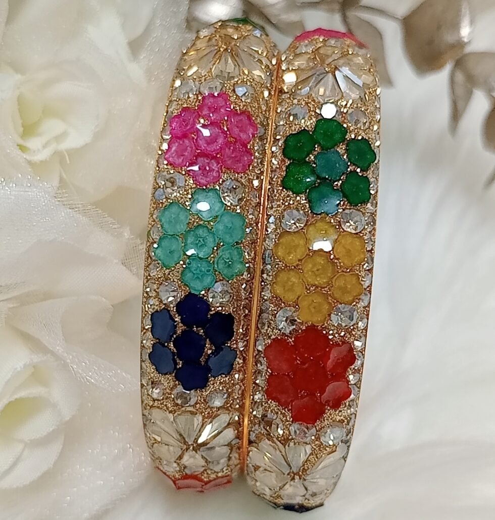 Mini Flowers 2pc Multicolor Gold Indian Bangle Set