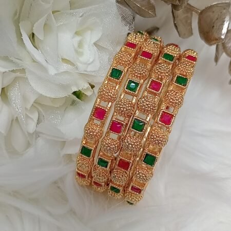 Mini Flowers Matte Pink Green Squarish 4pc Gold Bangle Set