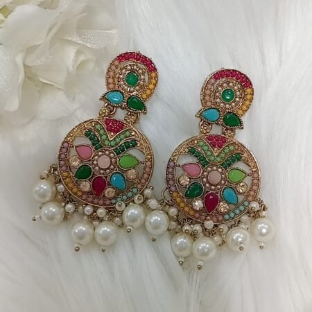 Multicolor Chandbali Indian Earrings with Pearls