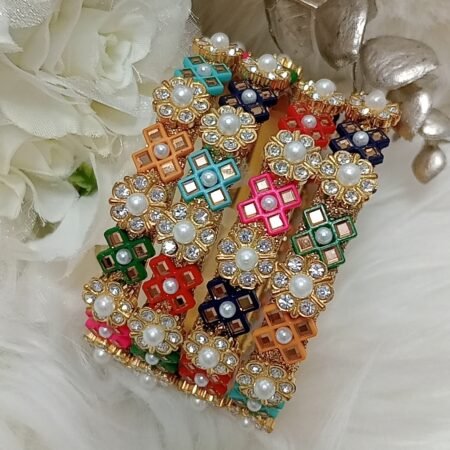 Multicolor Criss Cross Floral Pearl 4pc Premium Bangle Set