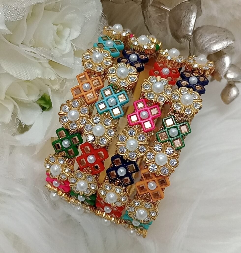 Multicolor Criss Cross Floral Pearl 4pc Premium Bangle Set