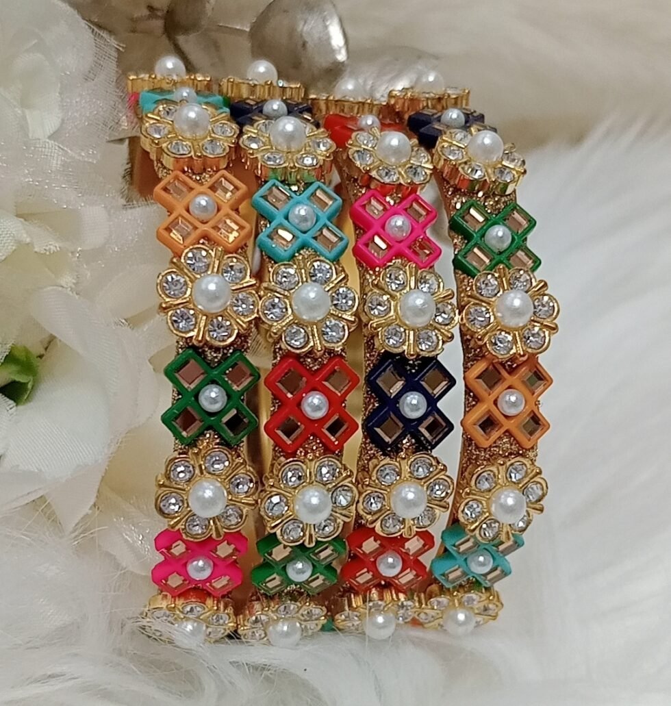 Multicolor Criss Cross Floral Pearl 4pc Premium Bangle Set