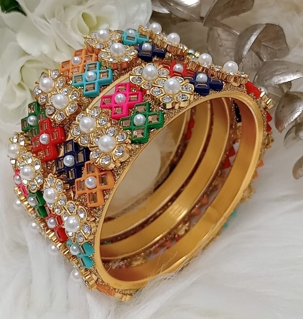 Multicolor Criss Cross Floral Pearl 4pc Premium Bangle Set