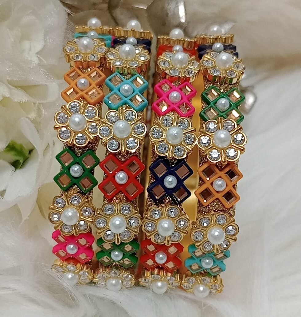 Multicolor Criss Cross Floral Pearl 4pc Premium Bangle Set