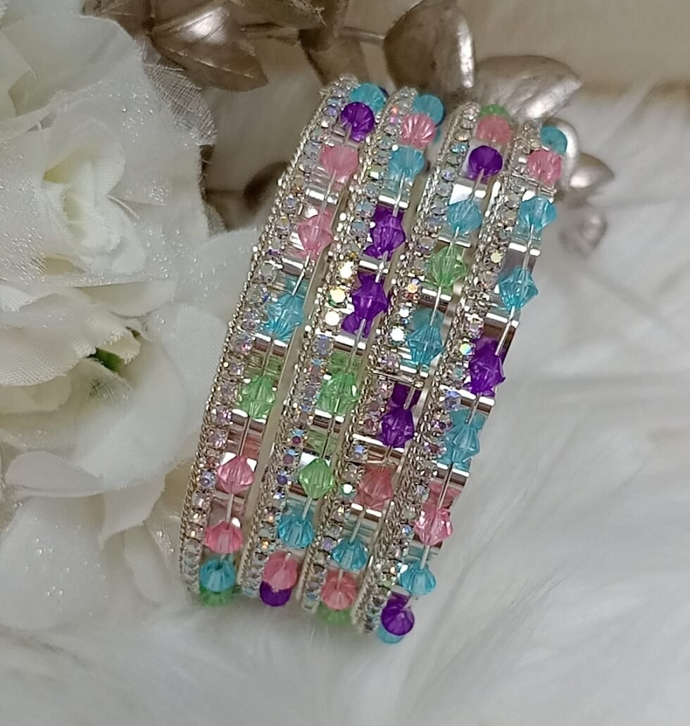 Multicolor Glass Crystal Silver 4pc Bangle Set