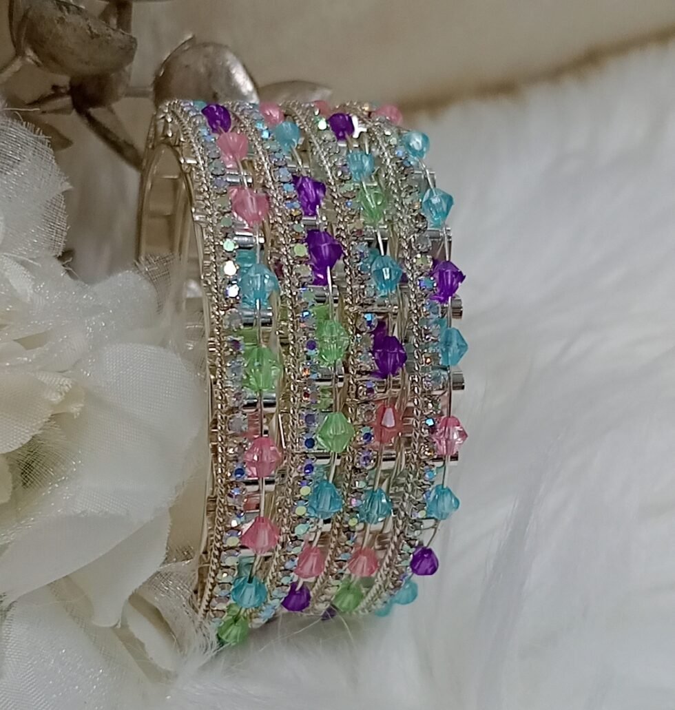 Multicolor Glass Crystal Silver 4pc Bangle Set