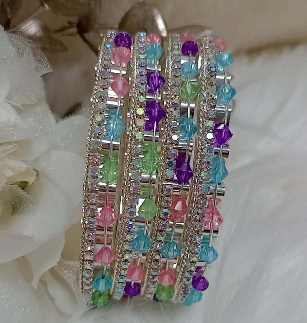 Multicolor Glass Crystal Silver 4pc Bangle Set