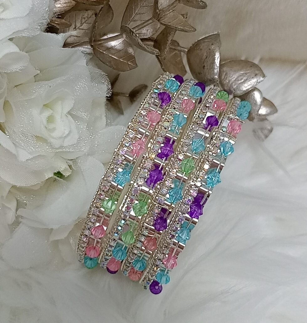 Multicolor Glass Crystal Silver 4pc Bangle Set