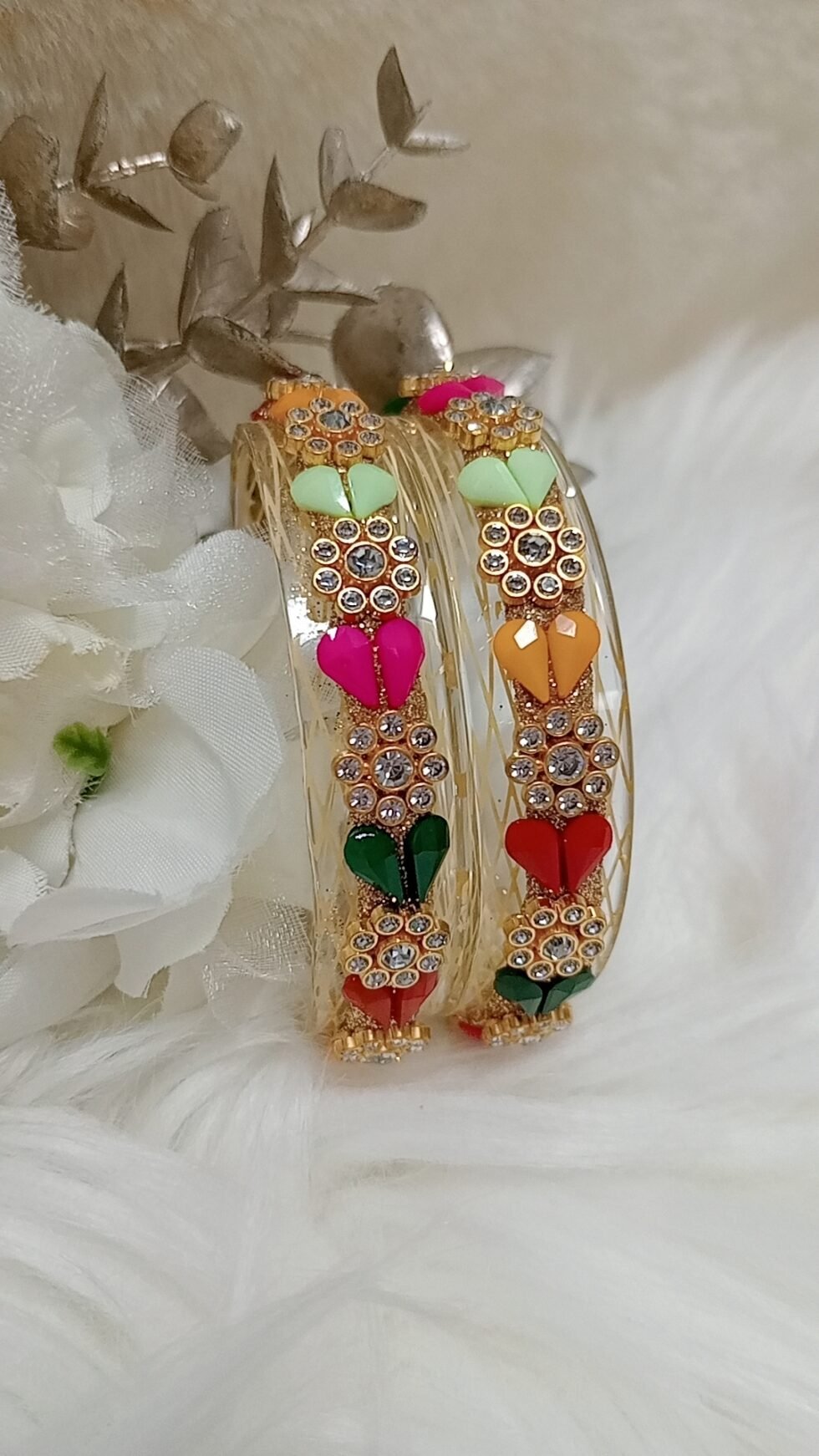 Multicolor Hearts 2pc Glass Bangle Set