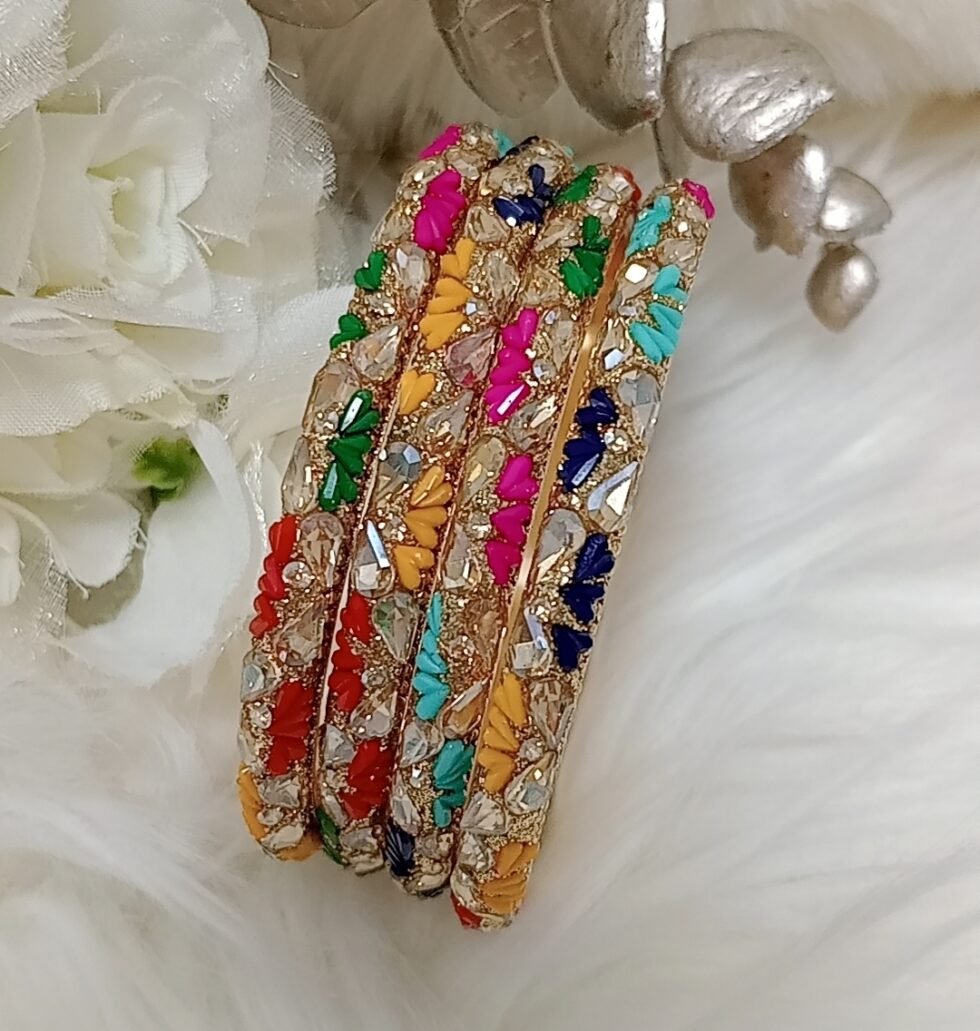 Multicolor Mini Hearts Premium 4pc Gold Bangle Set