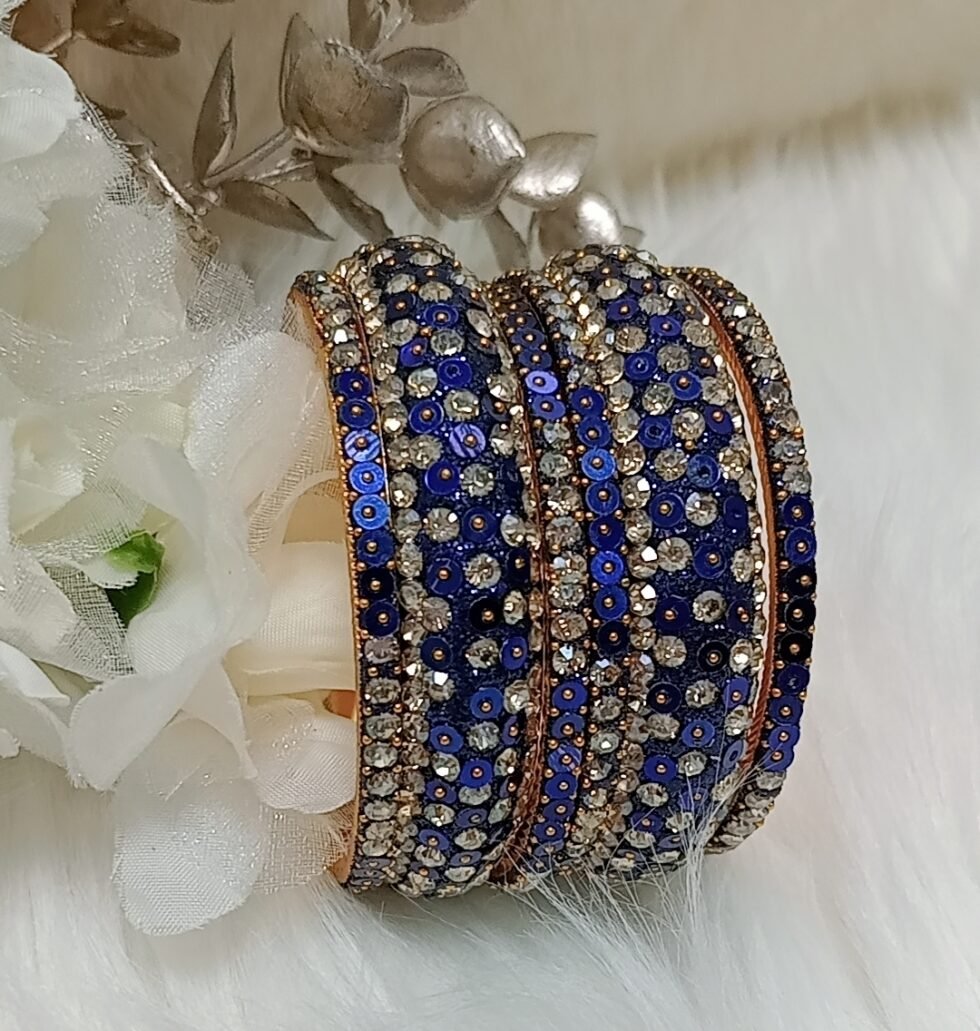 Glittering Navy Blue Gold Sequin 6pc Indian Bangle Set