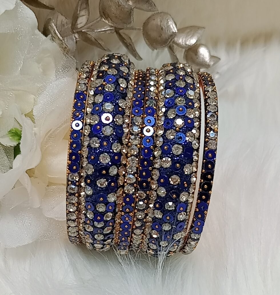 Glittering Navy Blue Gold Sequin 6pc Indian Bangle Set