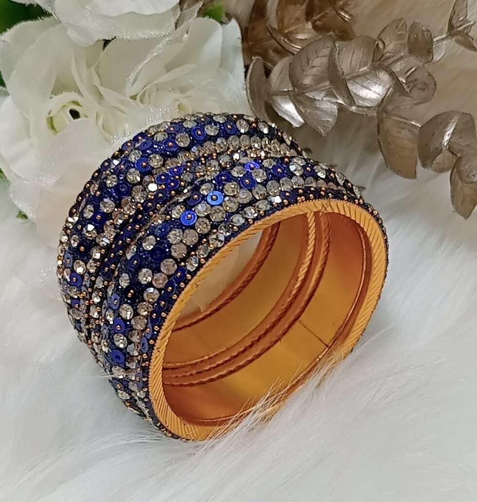 Glittering Navy Blue Gold Sequin 6pc Indian Bangle Set
