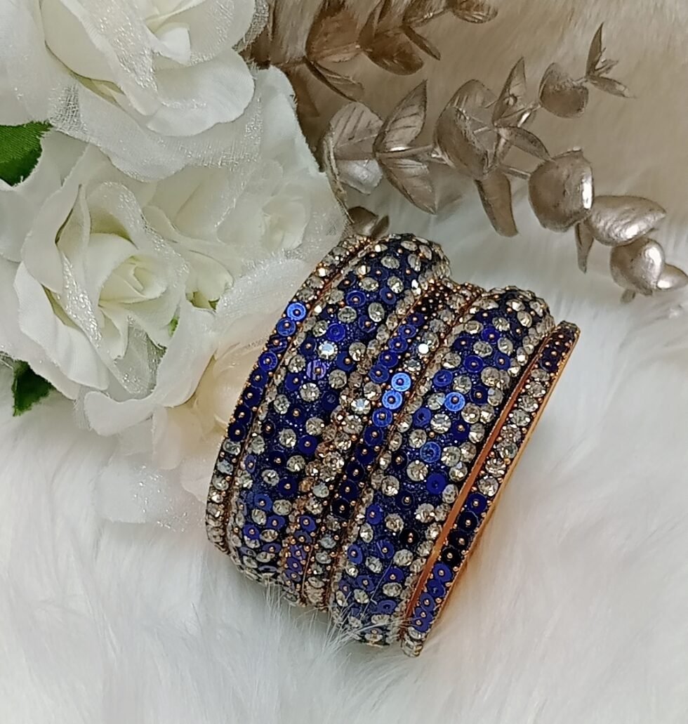 Glittering Navy Blue Gold Sequin 6pc Indian Bangle Set