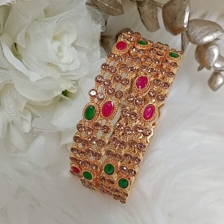 Oval Pink Green Gold Stone 4pc Bangle Set