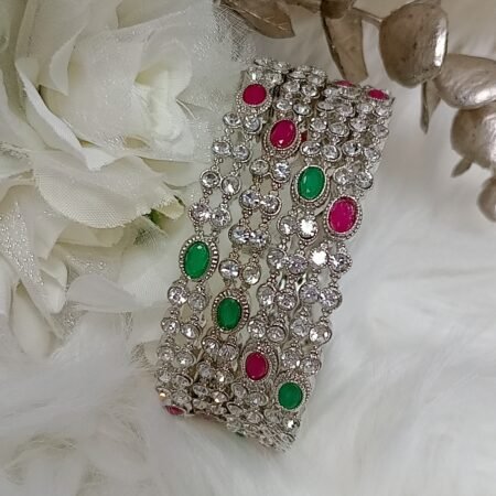 Oval Pink Green Silver 4pc Sparkling Bangle Set
