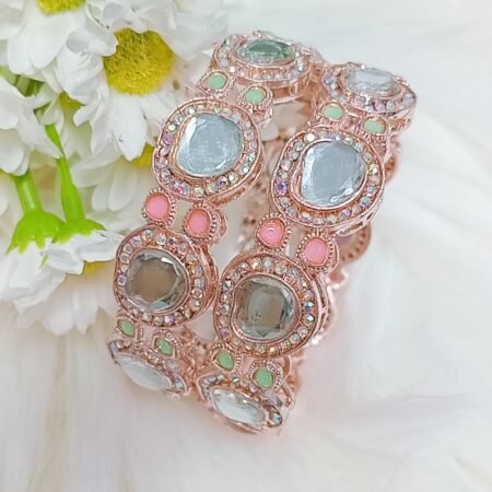 Pastel Pink Green Rose Gold 2pc Kundan Bangle Set