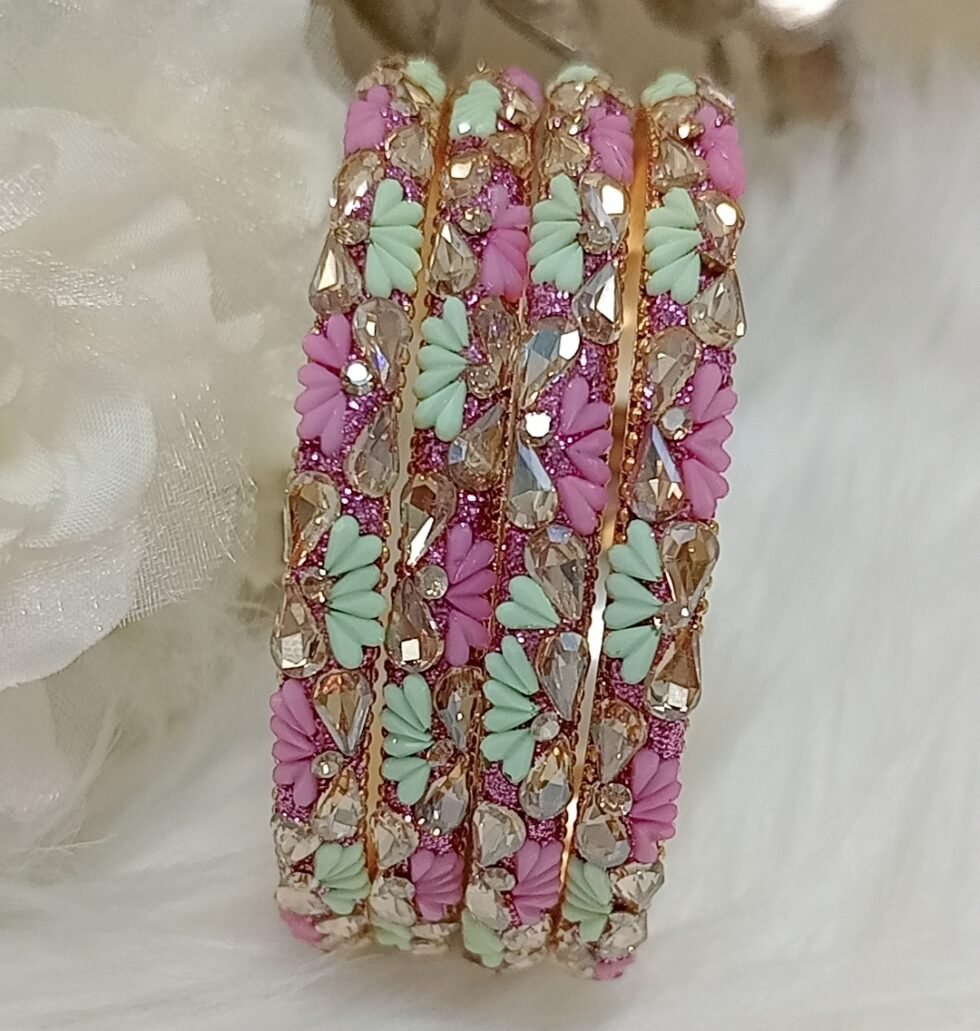 Pink Green Hearts Gold 4pc Premium Bangle Set