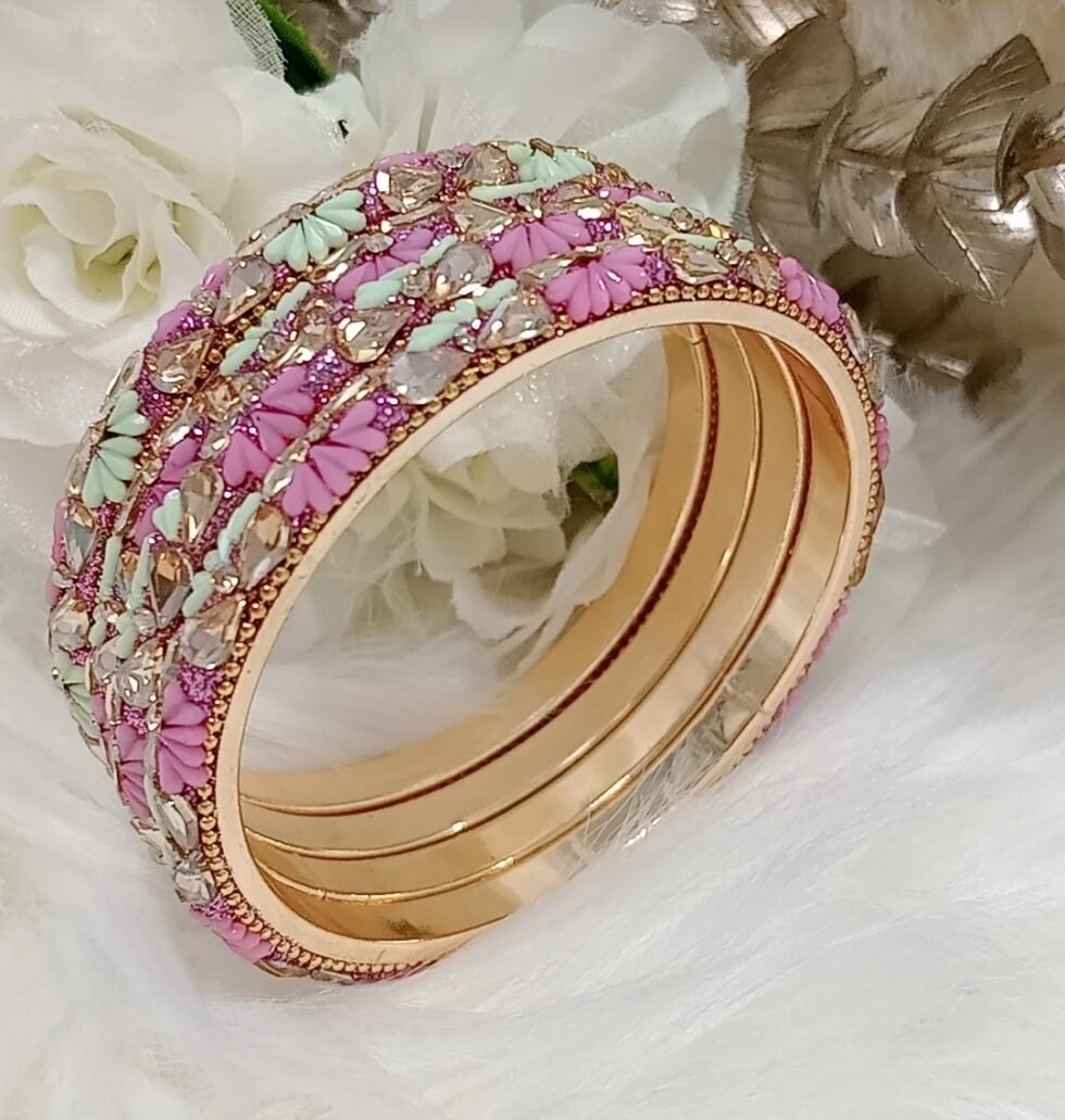Pink Green Hearts Gold 4pc Premium Bangle Set