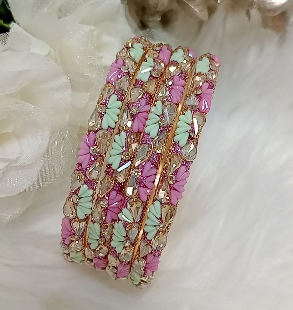 Pink Green Hearts Gold 4pc Premium Bangle Set