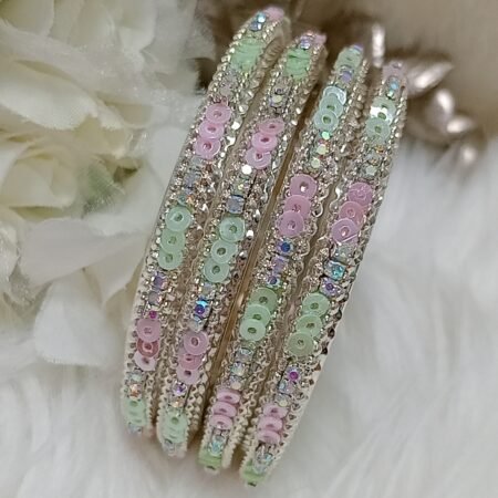 Pink Green Sequin 4pc Silver Bangle Set