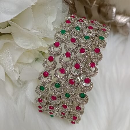 Pink Green Silver Peacock 4pc Bangle Set