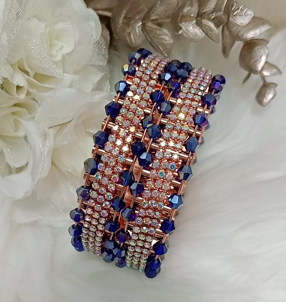 Royal Blue Glass Crystal 2pc Rose Gold Bangle Set