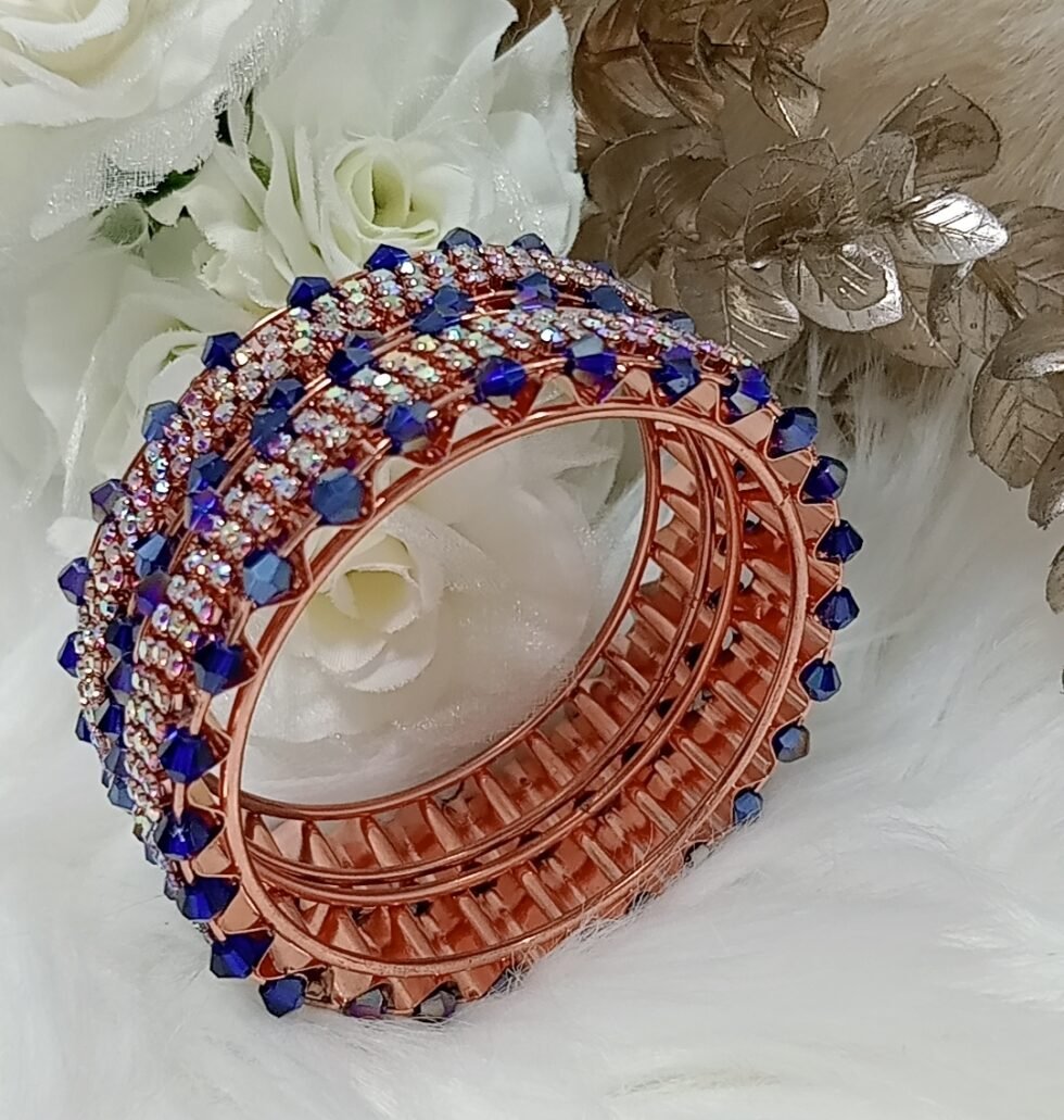 Royal Blue Glass Crystal 2pc Rose Gold Bangle Set