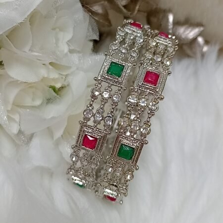Squarish Pink Green 2pc Silver Bangle Set