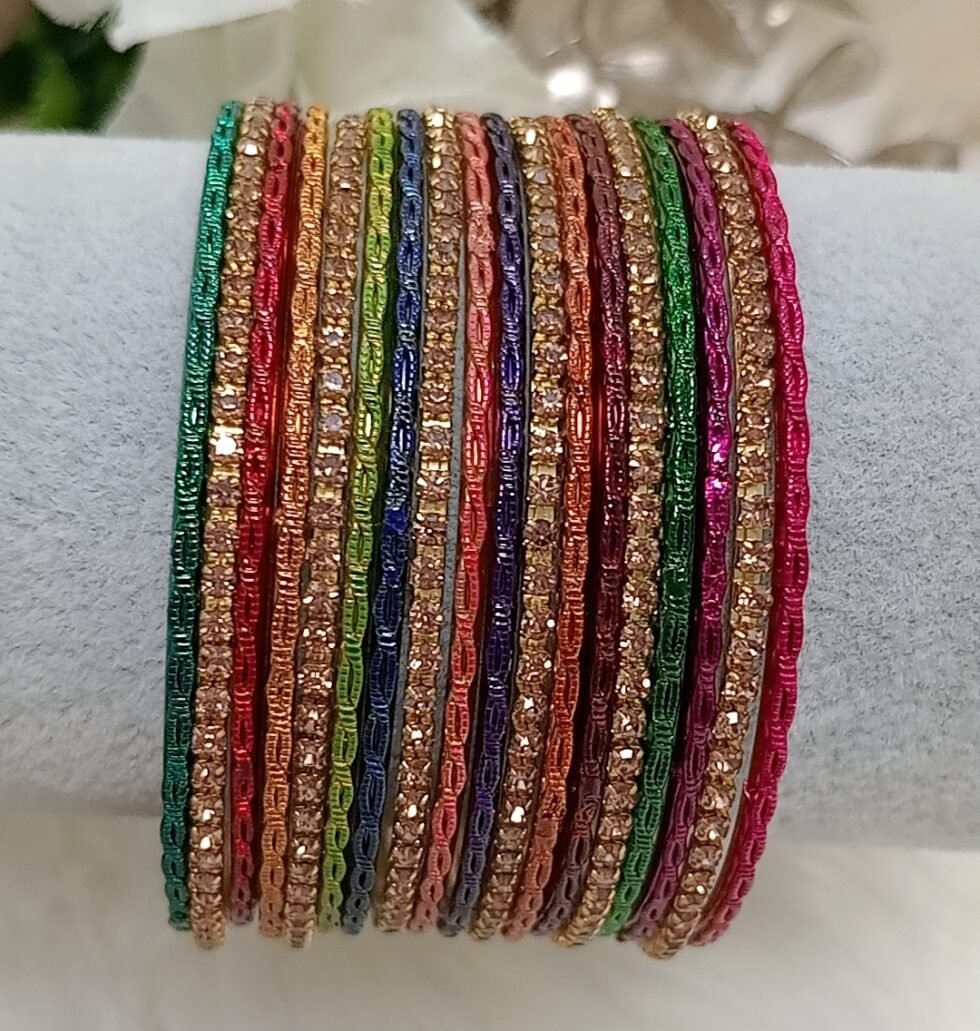 Textured 18pcs Thin Multicolor Gold Indian Bangle Set