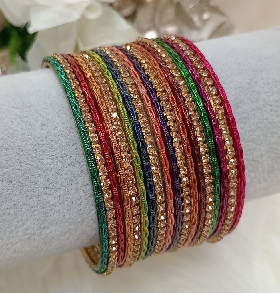 Textured 18pcs Thin Multicolor Gold Indian Bangle Set