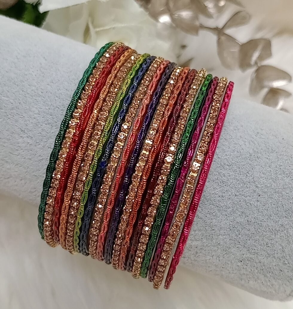 Textured 18pcs Thin Multicolor Gold Indian Bangle Set