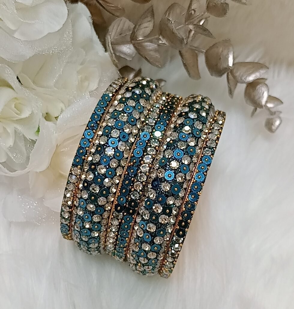 Glittering Turquoise Gold Sequin 6pc Indian Bangle Set