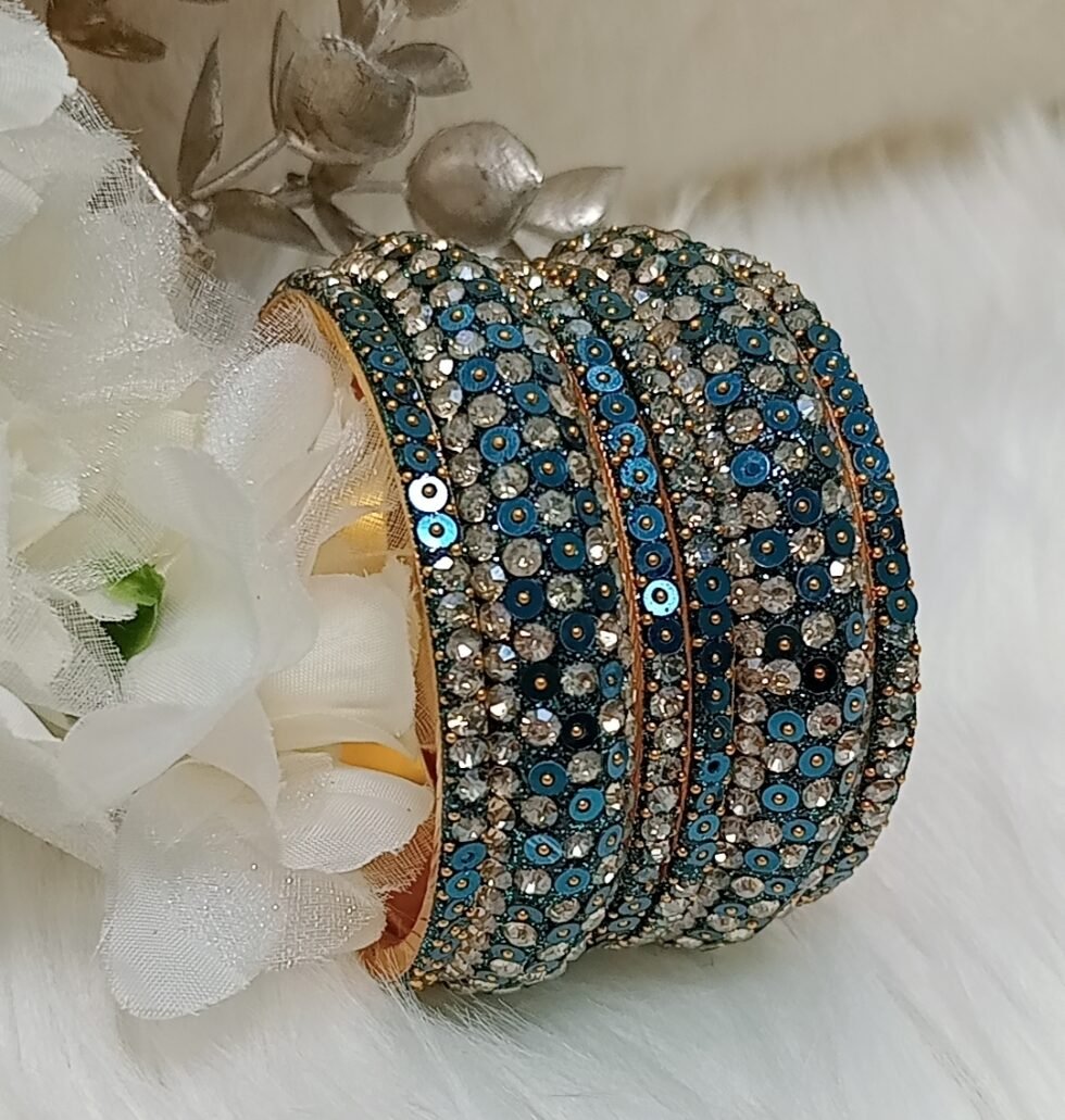 Glittering Turquoise Gold Sequin 6pc Indian Bangle Set