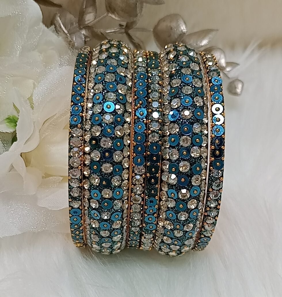 Glittering Turquoise Gold Sequin 6pc Indian Bangle Set