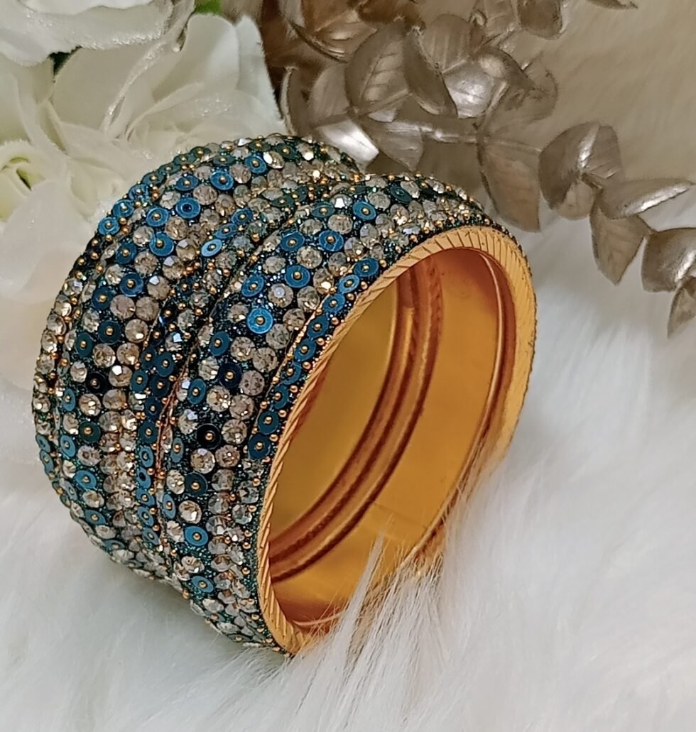 Glittering Turquoise Gold Sequin 6pc Indian Bangle Set